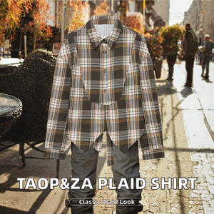 Chemise boutonnée en flanelle à carreaux pour femme, manches longues, col asymétrique rabattu, coupe décontractée, haut d'automne - Product Image 2