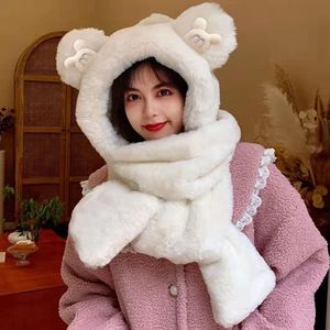 Winter <b>Bear</b> Hat Scarf Gloves Set Cartoon Plush Warm Neck Warmer Adult Three Piece Set Light Khaki - Product Image 2
