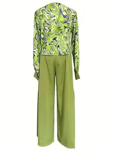 Musim semi/musim gugur Chic: atasan leher Cowl geometris & celana kulot lebar-elegan kasual, nyaman cocok untuk pakaian wanita
