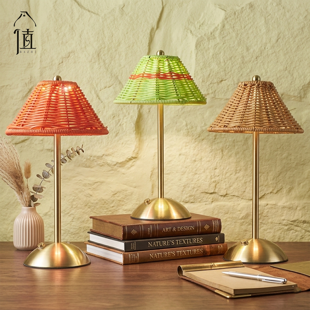 Handmade Modern Rattan Cordless Table Lamp Creative Woven Night Light for Bedroom Living Room Decor Boho Atmosphere