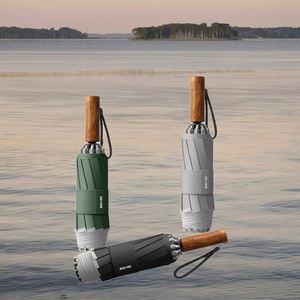Nouveau modèle moderne de parapluie inversé à trois plis entièrement automatique, anti-UV, en tissu Ripstop 280T à 10 baleines, avec bande réfléchissante et motif grain de bois - Product Image 2