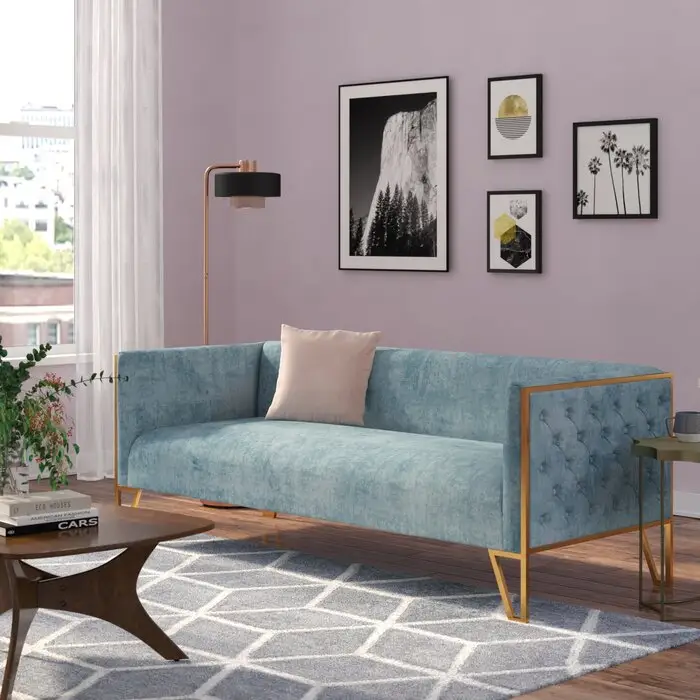Modernes Design Edelstahl Bein Samt Stoff Knopf Akzent Living Sofa Chesterfield Couch für Home Hotel Möbel