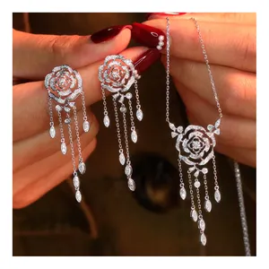Xinfly Custom Wholesale Pure 18k White Gold Necklace Earring Au750 Gifts Rose Diamond Tassel Fine Jewelry Set For Lady