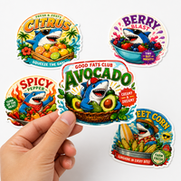Autocollant personnalisé avec logo de marque, motif dessin animé, requin, fruits, légumes, en vinyle découpé, imperméable, pour emballage alimentaire et boîte en carton