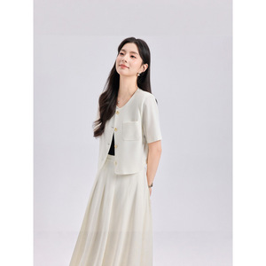 Women's Summer Short Sleeve Suit Set Solid Color Crepe Two Piece Casual Skirt Outfit Elegant Fashion Set - Product Image 1