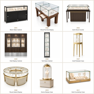 Vitrina de Joyería de Vidrio Dorado con Iluminación LED, Base con Cerradura y Exhibidor para Anillos, Collares y Pendientes para Muebles de Tienda Minorista - Product Image 2