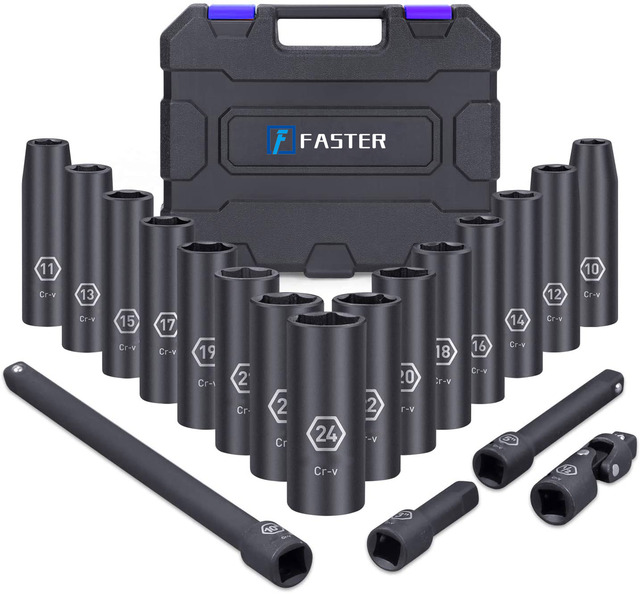 Heavy Duty 1/2 Inch Drive Deep Impact Socket Set 19-Piece 10mm - 24mm 6-Point Metric Drive Impact Sockets Set