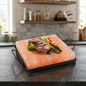Mejor Placa de Ladrillos de Sal Rosa del Himalaya Tallada Ecológica para Cocinar BBQ con Soporte Premium de Hierro/Acero Inoxidable para el Hogar - Product Image 1
