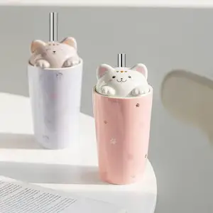 480ML Pink Cat Coffee Mug with Straw Ceramic Travel Cup with 3D kitty Lid Milk Bubble Tea Coffee Office Christmas Mug