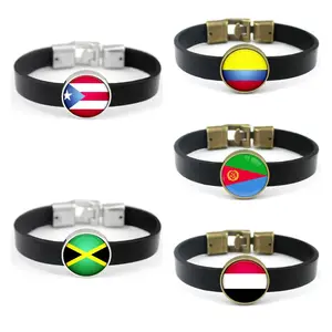 Fabricante 223 Países Bandeira Nacional Design Leather Armband Wristband Bandeira Unisex Pulseiras De Couro Genuíno para As Mulheres