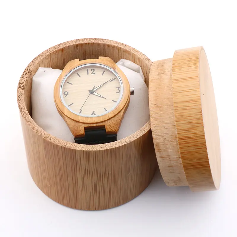 Lüks özel LOGO kutuları için saatler ahşap ve bambu hediye ambalaj kutusu silindir izlemek durumunda