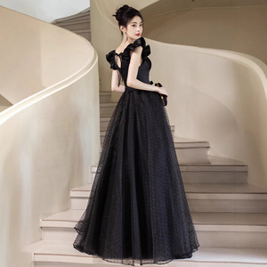 Black Ball Gown Square Collar Empire Waist Tulle Skirt Ruffles Elegant Evening Dress For Art Exam Coming Of Age Ceremony - Product Image 2