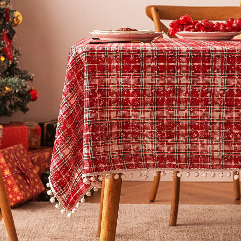 Noel kar tanesi topu ekose baskılı masa örtüsü polyester masa örtüsü örtüsü jakarlı gerilebilir masa örtüleri