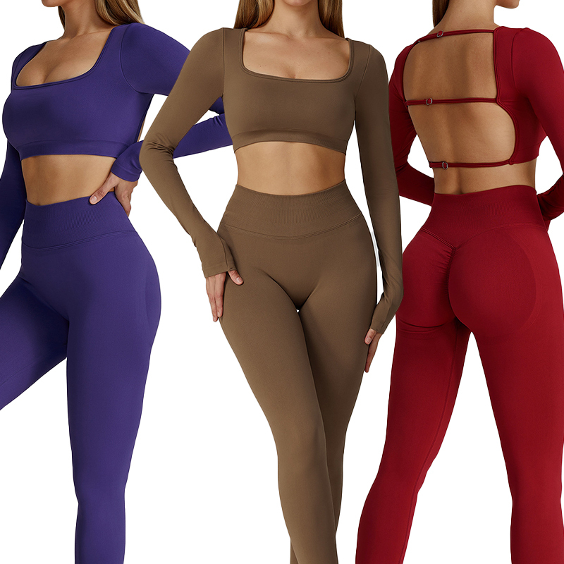 ECX7026 Women's Backless Quick-Dry Seamless square Neck Yoga Tank Top Long Sleeve Lightweight Fitness Workout T-shirts