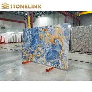 Precio al por mayor piedra semipreciosa azul onxy translúcido retroiluminado colorido losa de mármol para encimera de pared de fondo