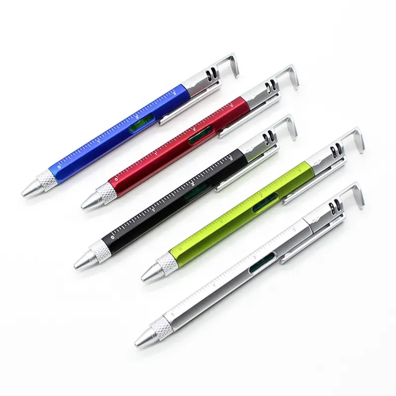 प्लास्टिक उपकरण कलम 7 में 1 multifunction के बॉल पेन के साथ फोन धारक screwdrivers आत्मा स्तर शासकों