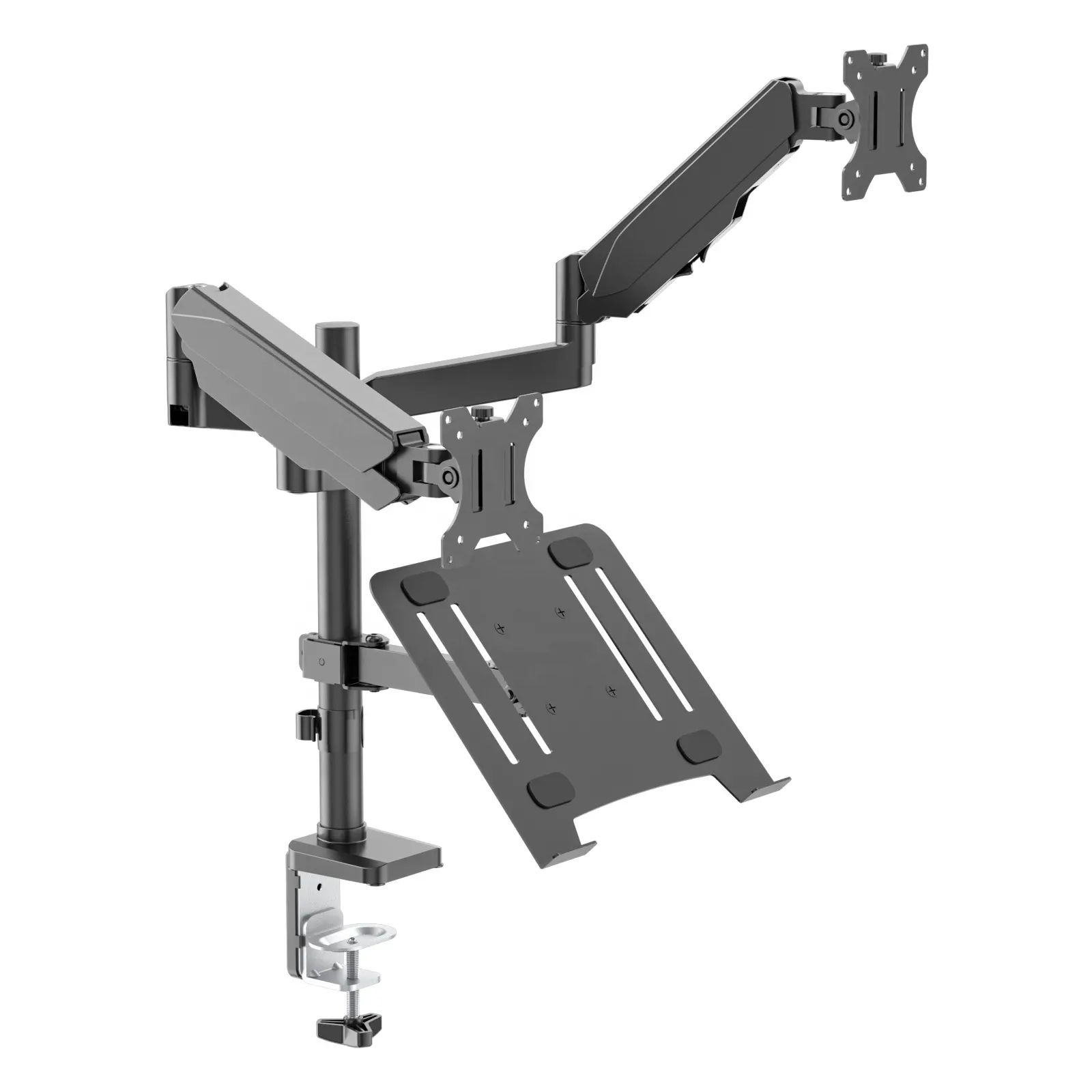 Monitor and Laptop Mount, 2-in-1 Adjustable Dual Monitor Arm Desk Stand Gas Spring Arm with Laptop Tray