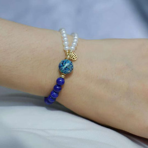 14K Gold Filled Chinese Style <b>Beaded</b> <b>Bracelet</b>, Natural Lapis Lazuli Freshwater Pearl Cloisonne Bead Adjustable <b>Bracelet</b> - Product Image 4