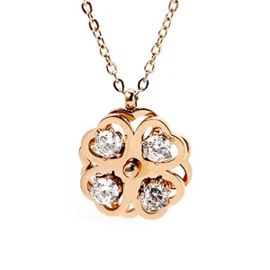 Rotatable Zirconia Sunflower Pendant Necklace Charm Stainless Steel Woman Openable Necklace Rose Gold Plated ACC Wholesale