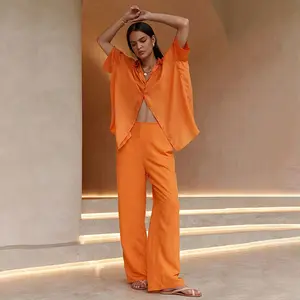 Vêtements personnalisés Ensemble chemisier chemise pantalon en lin et coton mélangé de haute qualité pour dames - Product Image 1