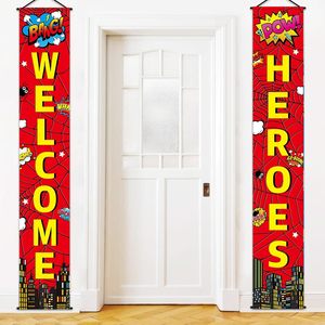 Banderas de bienvenida para puerta con diseño de telaraña roja, letreros de bienvenida para porche con arañas, decoración colgante de bienvenida, pancartas de telaraña para puerta. - Product Image 1