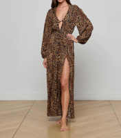 Robe longue de plage séduisante imprimé léopard, décolleté plongeant en V, manches ballon, ceinture à chaîne dorée, fente haute, robe de plage cache-maillot