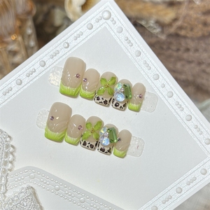 Faux <span class=keywords><strong>ongles</strong></span> à presser faits main de haute qualité, vert herbe, French manucure, fleur 3D en acrylique, vente en gros - Product Image 2