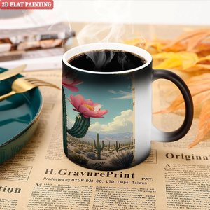 Tasse à changement de couleur sensible à la chaleur 11oz en céramique noire givrée vierge avec motif Cactus Désert - Product Image 5