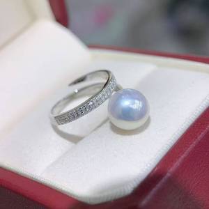 Adjustable Split Shank Edison Pearl <b>Ring</b> 10-11mm Strong Luster Round Pearl, <b>925</b> <b>Silver</b> Full Paved Zircon Stackable Pearl Jewelry - Product Image 3