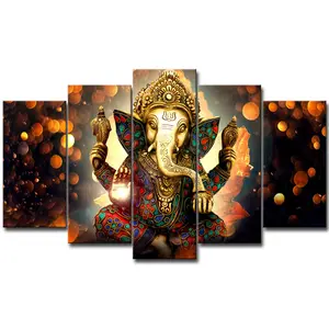 Großhandel Custom Leinwand Kunstdrucke indische Gott Nase Elefanten kunstwerk 5 Panels Wand Kunst Bild Ölgemälde Leinwand Malerei