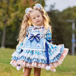 2024 Baige Fashionable Spring Children Blue Layered Lace Luxury Dress Kids Cute Lolita Dress Baby Girl Birthday Dresses