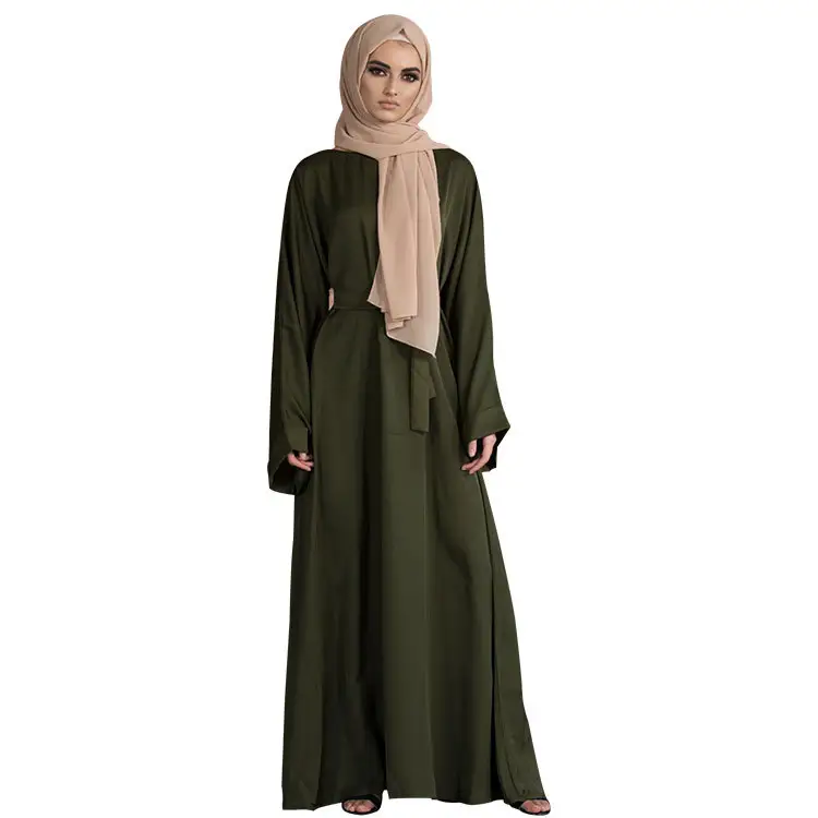 2021 New Arrivals Arabisch Maleisië Islamitische Vrouwen O-hals Lange Mouw Taille Riem Effen Losse Moslim Abaya