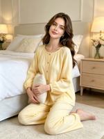Ensemble de pyjama décontracté en fibre de bambou pour femmes, tricoté, confortable, col rond, luxueux, respirant, style fin printemps/automne, cardigan à manches longues