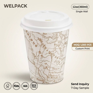 WELPACK Bicchiere di Carta Ecologico da 12oz a Parete Singola con Coperchio, Stampa Personalizzata Mappa del Mondo Vintage, Tazza Usa e Getta per Tè e Latte - Product Image 1