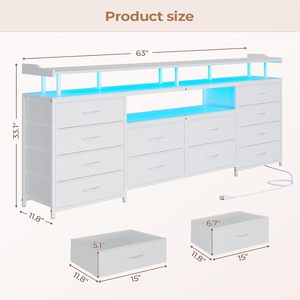 Meuble TV de salon avec étagères, <span class=keywords><strong>commode</strong></span> <span class=keywords><strong>longue</strong></span> blanche avec 12 tiroirs en tissu, lumières LED et station de charge - Product Image 2