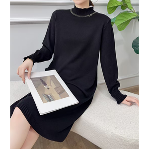 Mùa thu và mùa đông của phụ nữ bán cao cổ thoải mái và nhẹ nhàng dài tay rắn màu còng Xếp Li Thời trang váy dài - Product Image 1