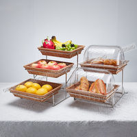 Présentoir à Desserts Commercial Multi-niveaux en Acier Inoxydable avec Paniers en Rotin – Portable pour Restaurants et Hôtels