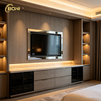 Meuble TV sur mesure OEM/ODM MARFA pour chambres d'hôtel, unité murale multi-types de pièces, tailles personnalisées, finition bois