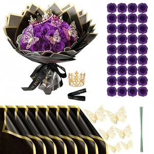 Ramo de Rosas de Polvo de <span class=keywords><strong>Oro</strong></span> Chino, Superventas Transfronterizo, Flor Eterna, Regalo de Aniversario, Hecho a Mano, DIY, Ramo de Corona de Mariposas 3D - Product Image 5