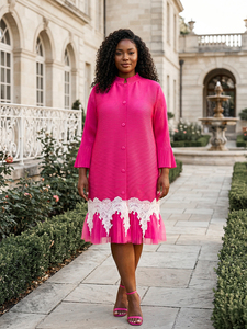 Abito Giallo Plissettato Taglie Forti <span class=keywords><strong>con</strong></span> Bordo in Pizzo, Elegante <span class=keywords><strong>Vestito</strong></span> Midi a Maniche Lunghe da Donna per Ufficio e Feste - Product Image 2