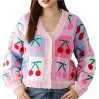Cardigan court personnalisé pour femme, décontracté, respirant, col en V, en tricot intarsia patchwork, motif champignon, à manches bouffantes