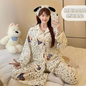 Sleepwear Sets 116# Coral Fleece Cardigan Lapel <strong>Pyjamas</strong> Women's Winter Cartoon Flannel 220g Set Pajamas - Product Image 6