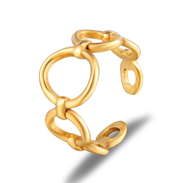 Wholesale Custom Fashion Jewelry 18K Gold Plated Stainless Steel Hollow Ring Geometry Oval Round Chain-shape Open Ring for Women