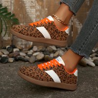 Baskets léopard pour femmes, chaussures de marche décontractées, baskets tendance pour femmes, chaussures plates à lacets orange, chaussures rétro streetwear