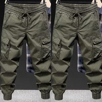 Celana Kargo Kasual Pria Gaya Amerika Trendi Warna Solid Jogger Tali Serut Tengah Model Lurus Longgar Bahan Nonwoven Ringan