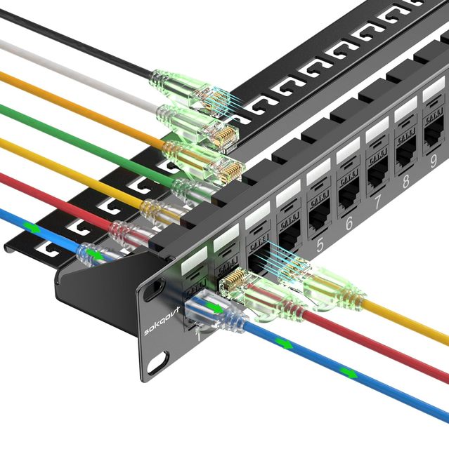 Patch Panel 24 Port Cat6 with Inline Keystone 10G Support, Pass-Thru Coupler Patch Panel UTP 19-Inch with Removable Back Bar