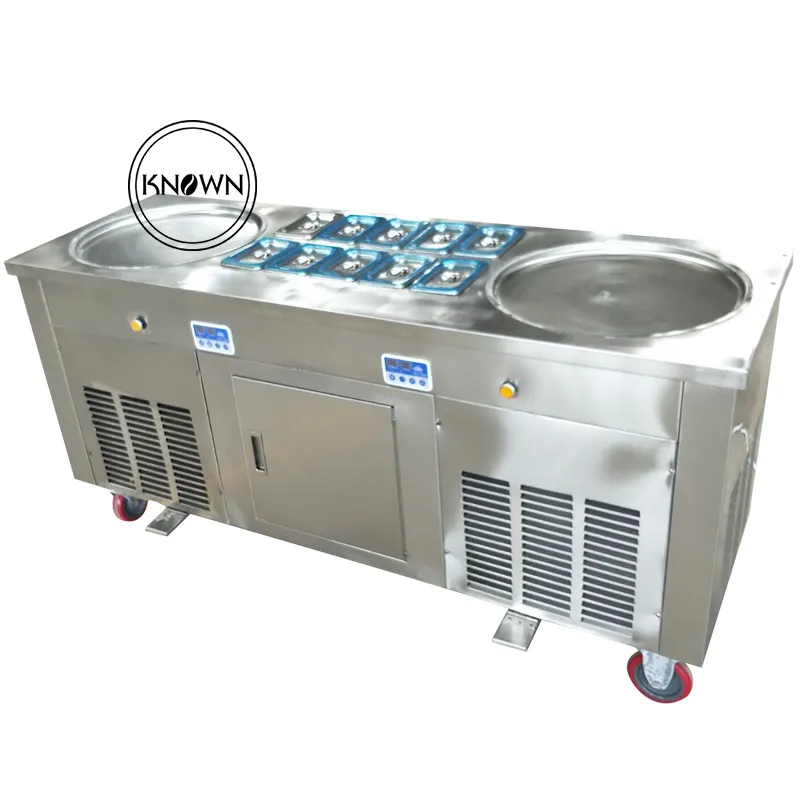 2024 Thailand 500mm double round pan fried ice cream roll machine with 10 topping tanks and foot defrost