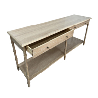 Table console longue de style vintage antique HL615-200 en bois de chêne massif avec pieds en bambou, étagères de rangement et tiroirs