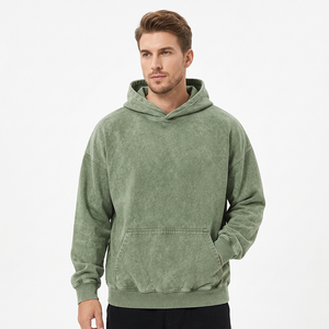 Sudadera con capucha personalizada para hombre, 100% algodón, de tela gruesa, con lavado ácido y arte personalizado en las mangas, para marcas de ropa urbana. - Product Image 1