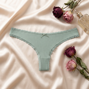 Culotte string côtelée en coton pour femme, confortable, taille basse, avec dentelle et nœud, grandes tailles, vente en gros - Product Image 1